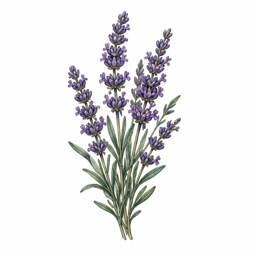 Botanical illustration of five lavender sprigs with purple flowers and green leaves
