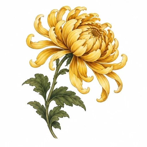 Illustration of a golden chrysanthemum flower with twisting petals and green serrated leaves
