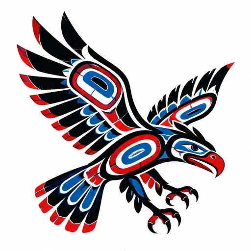 Traditional Northwest Coast styled Thunderbird tattoo with black, red, and blue geometric shapes and spread wings