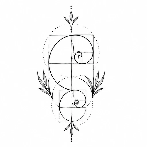 Fine line tattoo design with two Fibonacci spirals framed by rectangles, decorated with leaves, petals, and dotted circular accents in black ink.