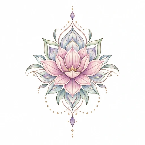 Pink lotus flower tattoo with pastel blue-green leaves and gold decorative dots