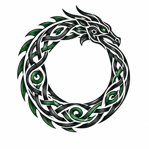 Celtic style dragon ouroboros formed by interwoven black and green knots in a circular shape