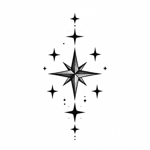 Black symmetrical eight-pointed star with smaller stars and dots around it on white background