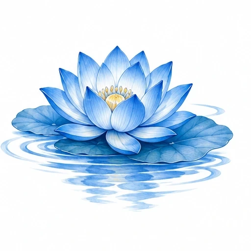 Blue lotus flower with detailed petals on large leaves floating on rippling water