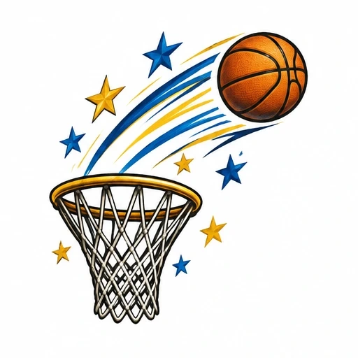 Basketball heading towards a hoop with blue and yellow stars and motion trails in tattoo style
