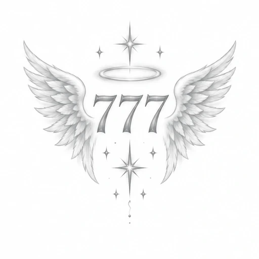 Grayscale angel number 777 between detailed angel wings with a halo above and shining stars around