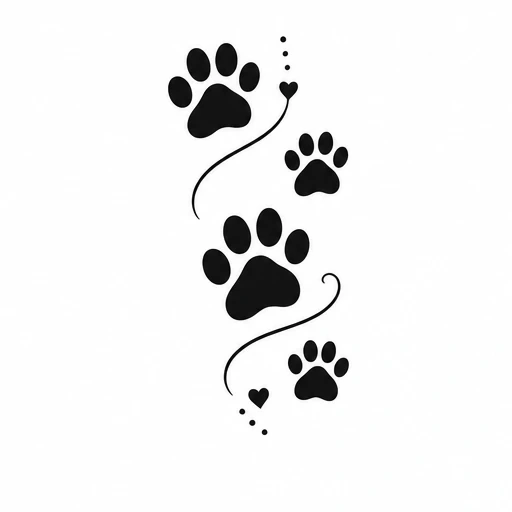 Four black paw prints vertically aligned with swirling lines ending in hearts and dots