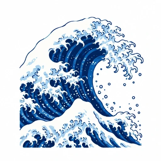 Japanese-style tattoo design of a large curling ocean wave with white foam and blue shading