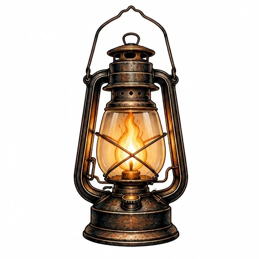 Detailed vintage oil lantern with glowing flame inside, realistic metal textures and highlights