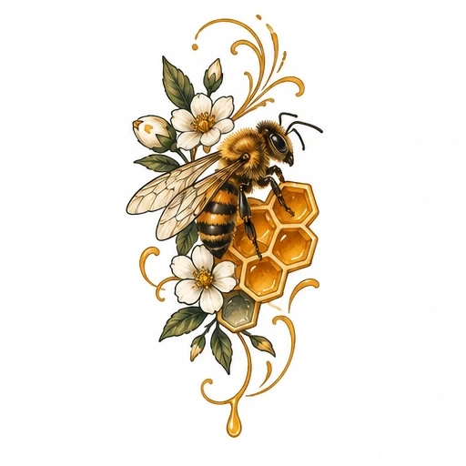Honey bee on honeycomb cluster with white flowers and golden swirls tattoo design