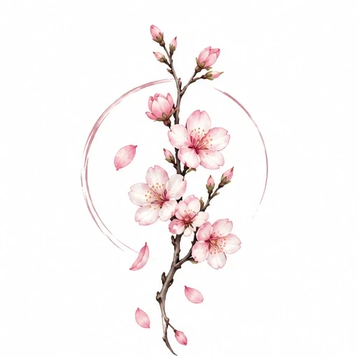 Cherry blossom branch tattoo with pink flowers, buds, petals falling, and thin circular frame.