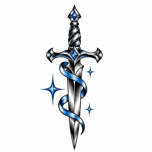 Illustration of a chrome sword with a blue ribbon wrapped around and blue sparkling stars.