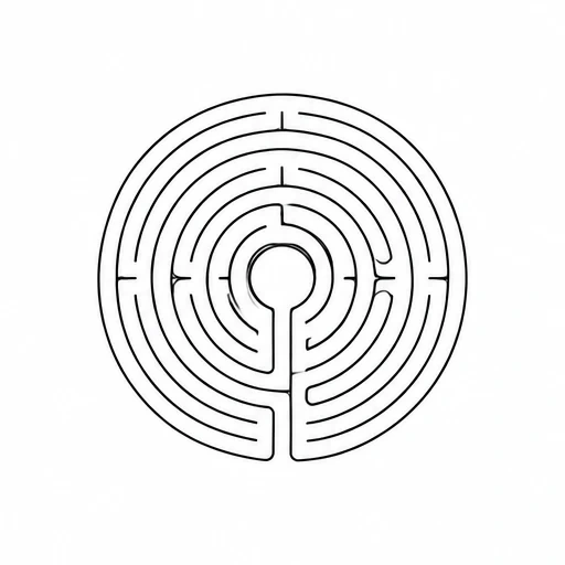 Black circular labyrinth with single pathway on white background