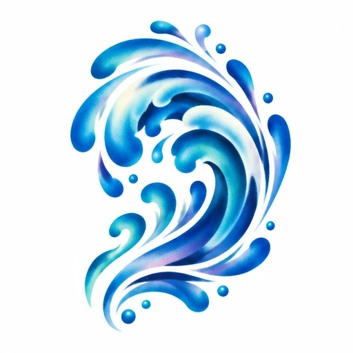 Airbrush tattoo of blue and teal water splashes in swirling shapes with droplets