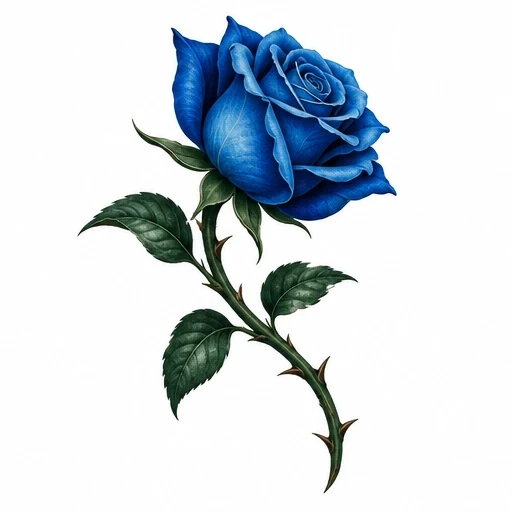 Illustration of a detailed blue rose with green leaves and a thorned stem