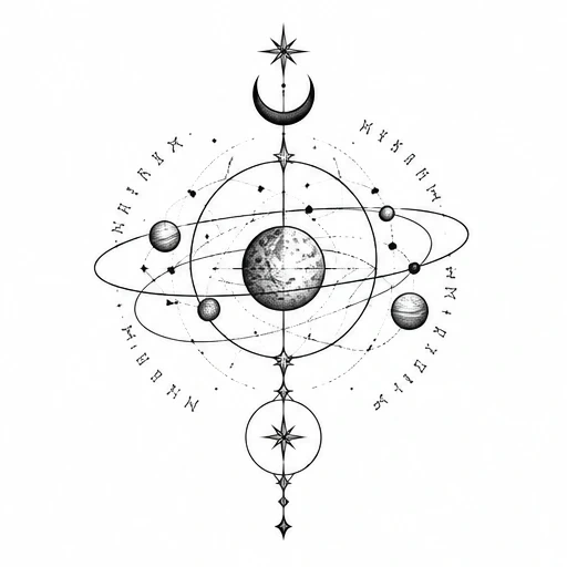 Black ink celestial tattoo design with planet, crescent moon, orbiting smaller planets, stars, and arcane runes