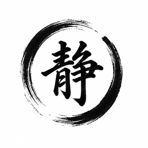 Black ink kanji symbol for serenity inside a bold, circular brushstroke.