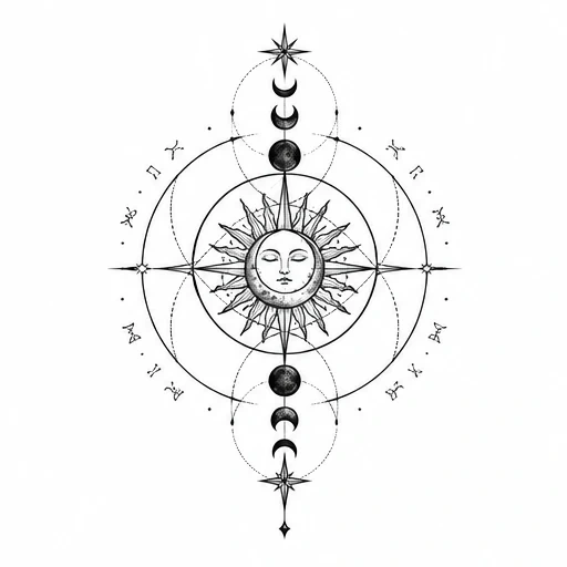 Black ink tattoo design showing a sun with a face at the center, surrounded by phases of the moon and intricate celestial symbols and orbits in symmetrical composition.
