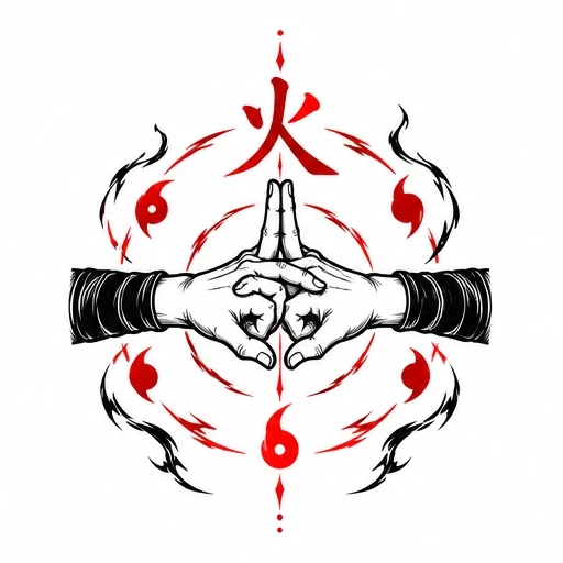 Black ink detailed hands in Naruto seal gesture surrounded by red and black flames and symbols.