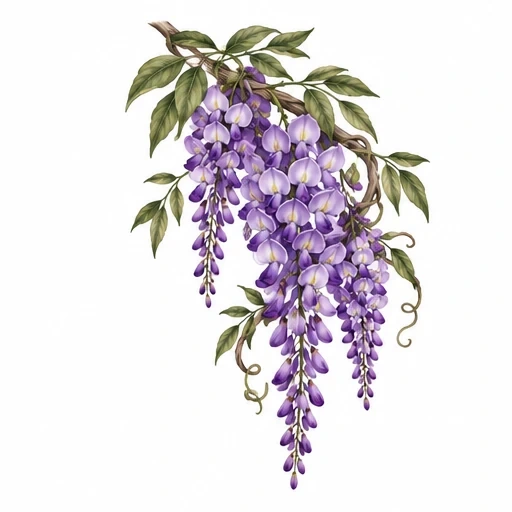Wisteria branch with purple flowers and green leaves tattoo design
