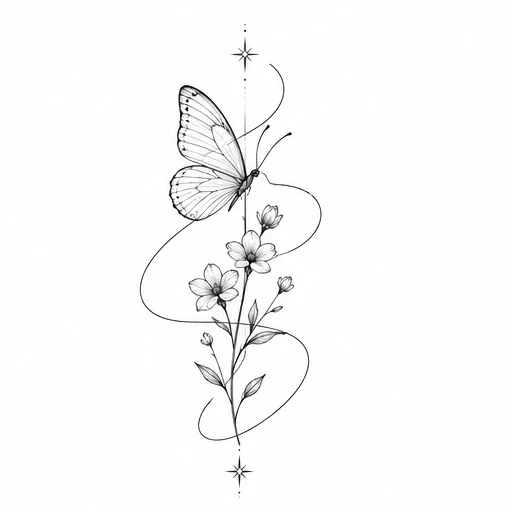 Fine line tattoo of a butterfly on a stem with flowers and delicate curved lines