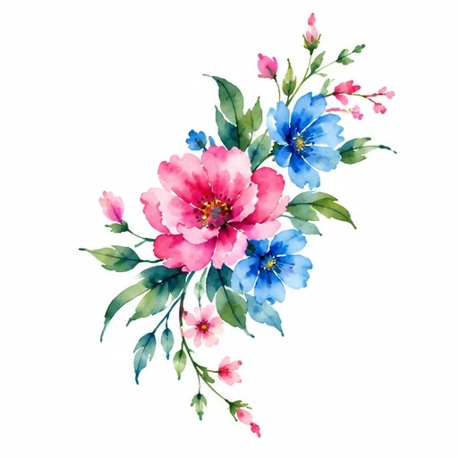Watercolor tattoo design of a pink flower with blue flowers and green leaves