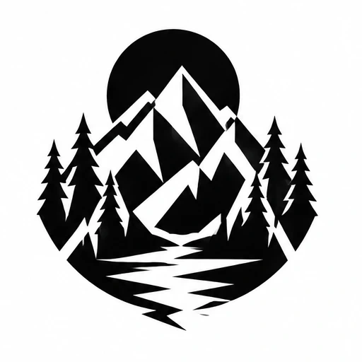 Black geometric mountain and pine tree tattoo design with solid black sun and negative space river