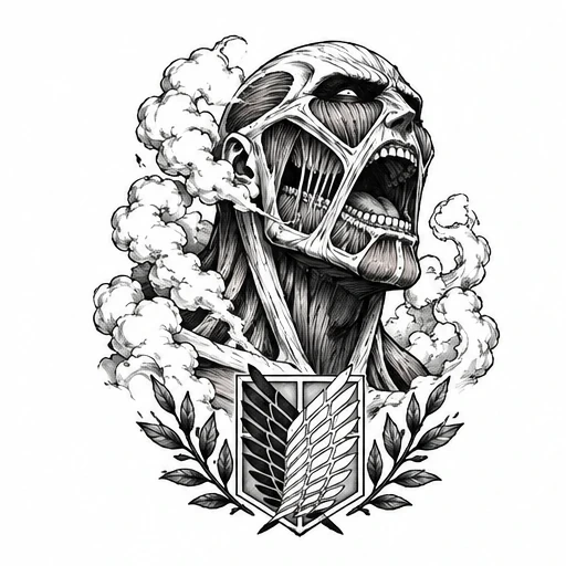 Colossal Titan screaming with Survey Corps emblem and smoke in black and white tattoo design