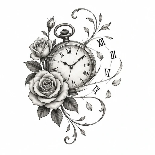 Black and gray tattoo design of a vintage pocket watch entwined with blooming roses and floating Roman numerals
