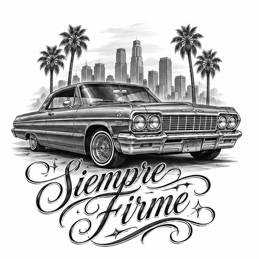 Black-and-grey tattoo design of a classic Chevrolet lowrider with LA skyline and palm trees, featuring 'Siempre Firme' script.