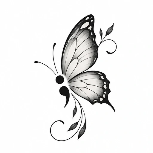 Black and gray butterfly tattoo featuring a semicolon body and decorative swirling leaves