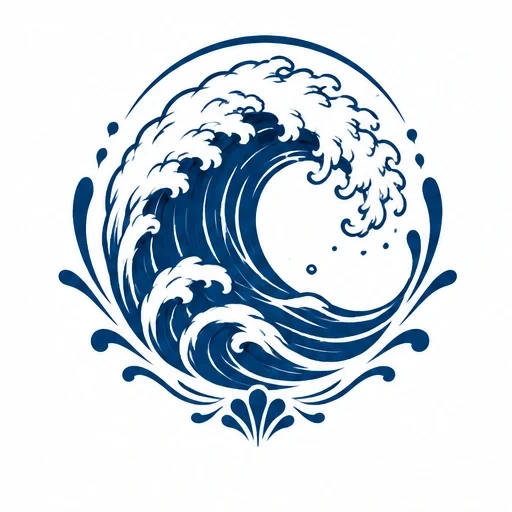 Circular navy blue ocean wave with frothy crests and splash details