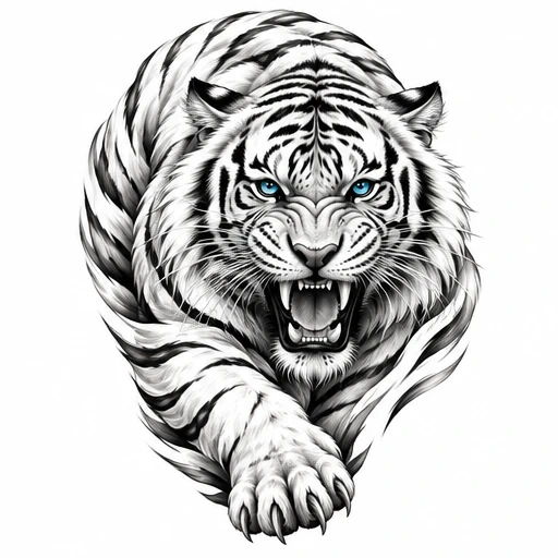 White tiger tattoo design with black stripes and blue eyes, mid-pounce pose with claws extended and mouth open