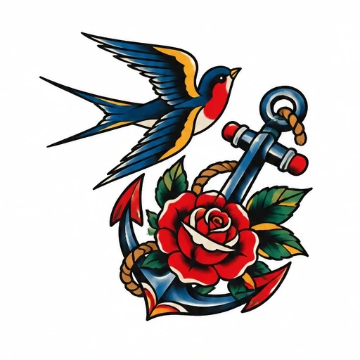 Traditional tattoo design of a blue and yellow swallow flying above a navy blue anchor wrapped in brown rope, with a red rose and green leaves.