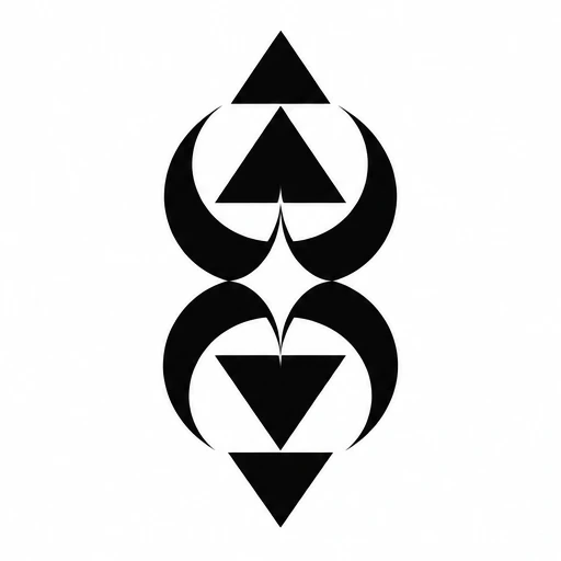 Black geometric tattoo with opposing triangles and crescent shapes in symmetrical vertical layout
