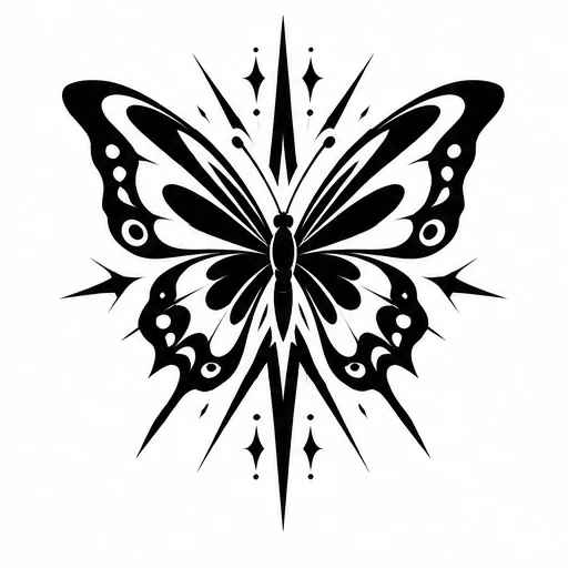 Stylized black butterfly with geometric radiating spikes tattoo design