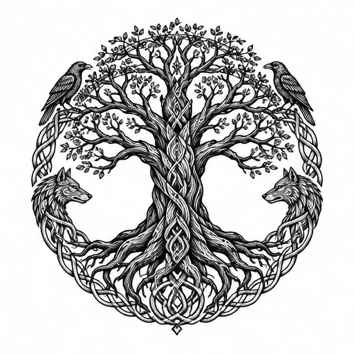 Black and white Yggdrasil tree tattoo with intertwined roots and branches, two wolves and two ravens, and Celtic knotwork framing