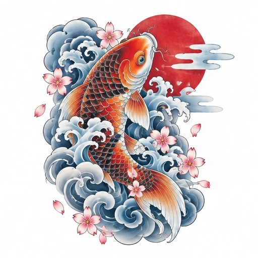 Japanese-style koi fish tattoo design with blue waves, pink cherry blossoms, and red sun
