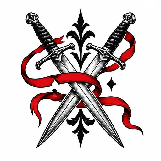 Tattoo design of two crossed daggers with black handles wrapped in a red ribbon, accented with fleur-de-lis and star shapes