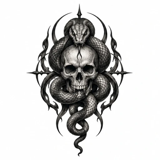 Black and grey tattoo design featuring a snake coiled around a skull with flame and spear motifs
