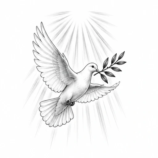 Black and white tattoo design of a flying dove holding an olive branch with rays of light behind it