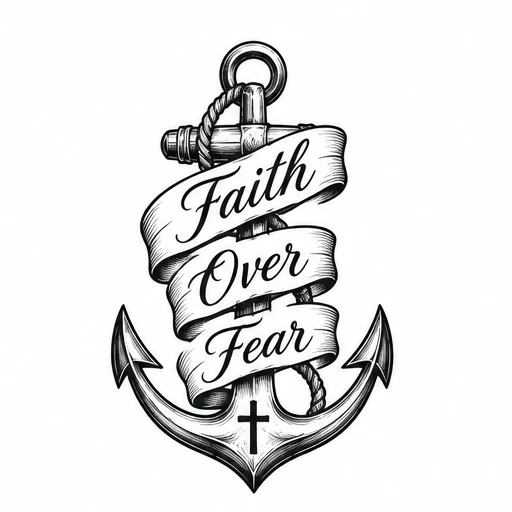 Black and white anchor with rope and a banner wrapping around it reading 'Faith Over Fear' with a small cross at the base