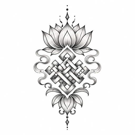 Black and grey karma knot tattoo with lotus petals and ornamental swirls