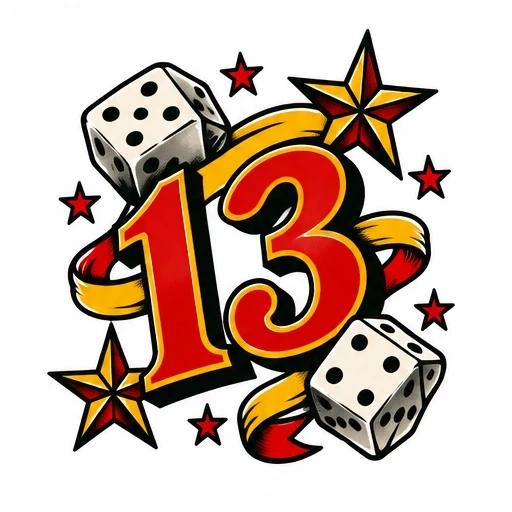 Bold red number 13 tattoo with two dice, red and yellow stars, and a yellow ribbon