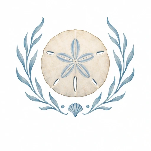 Sand dollar surrounded by blue seaweed leaves and a small blue shell below on white background