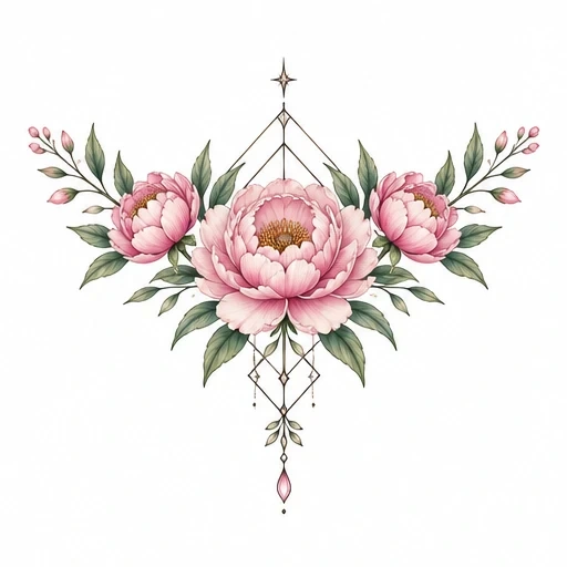 Chest tattoo design with three pink peonies, green leaves, and fine geometric linework