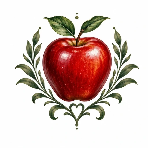 Realistic red apple with two green leaves on top, flanked by symmetrical green leafy scrolls and a heart shape at the base.