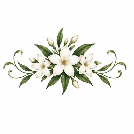 Artistic cluster of three white jasmine flowers with green leaves and curling vines on a white background