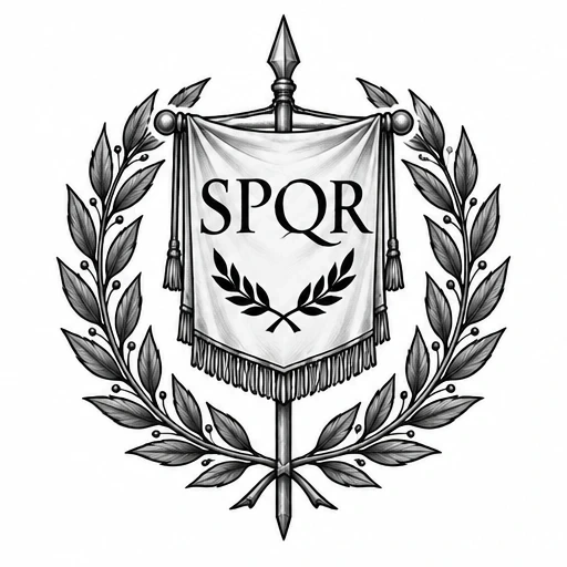 Black and gray tattoo design of SPQR banner on spear surrounded by laurel wreath