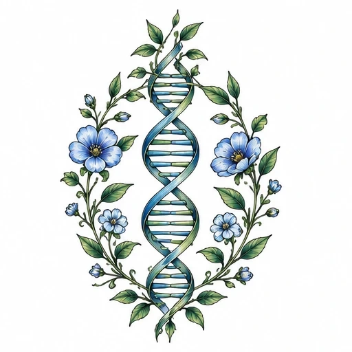 DNA double helix entwined with green leaves and blue flowers tattoo design